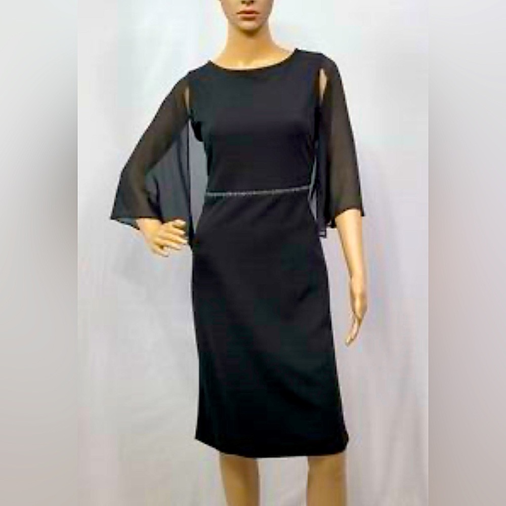 Tiana B. Women’s Elegant Black Sheath Dress with Sheer Cape, Rhinestones Details
